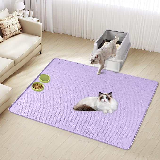 Silicone Cat Litter Mat for Litter Box 50”x35” Large Cat Mat, Purple | Waterproof, Non-Slip, Leak-Proof Rug Mat with Lip, Easy to Clean, Extra Large Litter Catcher Mat for Floor