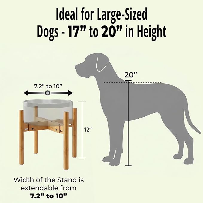 Dog Bowl Stand for Mid-Large Dogs - Adjustable, Easy Fold-Down | Use to Elevate Raise Dog Food, Water and Slow Feeder Bowls, Lock-Bolts and Tool Added, Foot-Padded, Bamboo Stand Only