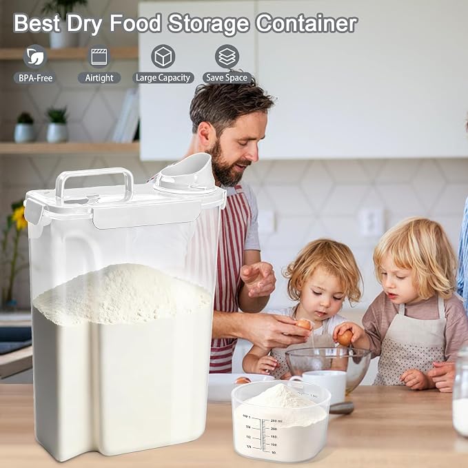 Rice Storage Containers, Airtight Cereal Containers Storage, with Pouring Spout Portable Handle for Flour, Pasta, Grain and Baking, Pet Dog Cat Bird Food Container 20lb White