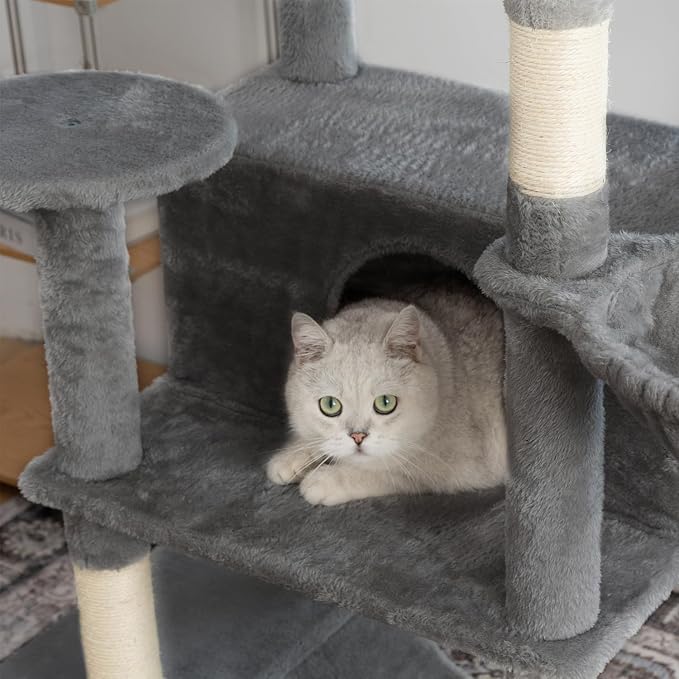 Multi-Level Cat Tree,69 Inches Tall Cat Tower with 2 Plush Condos,Hammock and Plush Perch, Scratching Posts and Pompoms,Gray Cat House for Indoor Cats