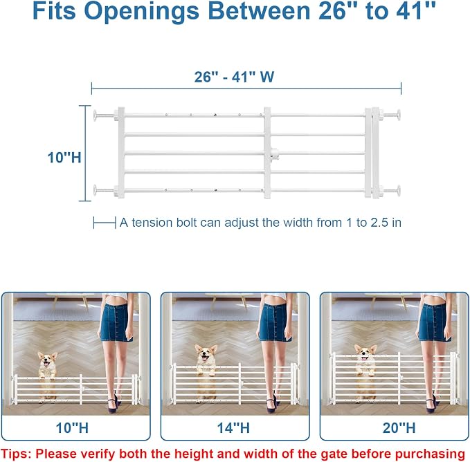 Malier Dog Gate with a Small Door, Extra Wide All Metal Short Dog Gate Pet Gate for Stairs, 10'' Tall Pressure Mount Easy Step Over Puppy Gate Low Gate for Doorways