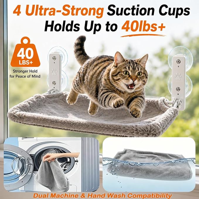 Cordless Cat Window Perch, Foldable Stable Cat Hammock, Breathable for Overlooking, Sunbathing & Climbing, Max Hold Up to 40lb