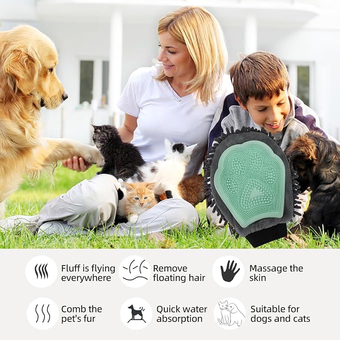 Green Double-Sided Dog Bath Glove Dog Washing Glove for Dogs&Cats | Massage Dog Brush Glove,Chenille Absorbent Pet Towel Mitt,Pet Grooming Glove for Hair Removal Glove,Pet Bathing Glove