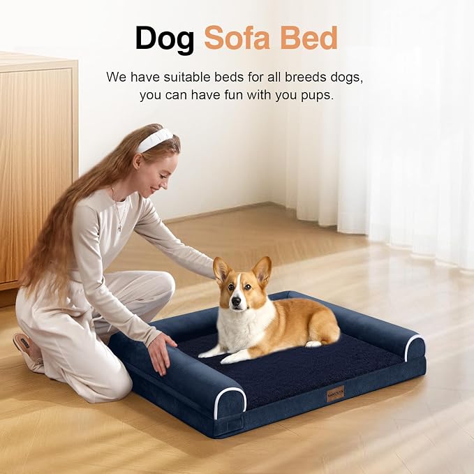 NANUYA Orthopedic Dog Bed for Medium Dogs, 30 x 20 Inch, Navy Blue | Egg crate foam for joint support, 3-sided bolster pet sofa, waterproof lining, washable cover, and non-skid base