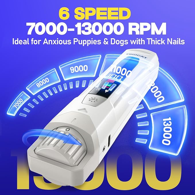 Whisper-Quiet Dog Nail Grinder, 50% More Powerful 6-Speed Pet Nail Trimmer with 4 LED Lights & LED Display, No Over-Cutting, 3 Grinding Bits, Grooming Kit for Dogs & Cats All Sensitive Pets