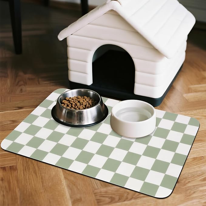 CooRug Checkered Dog Food Mat, Pet Feeding Mat 24" L x 16" W, Green | Absorbent, Leak-Proof, Anti-slip, Quick Dry, Eco-friendly Materials, Easy to clean and store, For Messy Drinkers