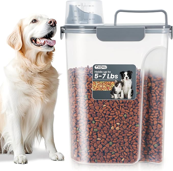 Dog Cat Food Storage Container with Cup (Dark Gray, 5L) | Pet Food Pourable Container Airtight with Large Spout, BPA-Free Plastic Food Dispenser for Pet Food, Bird Seed, Rice, Flour