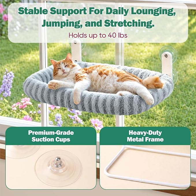Zakkart Mellow Foldable Cat Window Perch, Upgraded Suction Cups (Gray, L) | Curtain-Friendly, Dual-Fabric Striped Machine Washable Bed, Heavy Duty ABS & Metal Frame, Hold up to 40 lbs., 24.8"W x 15.5"D