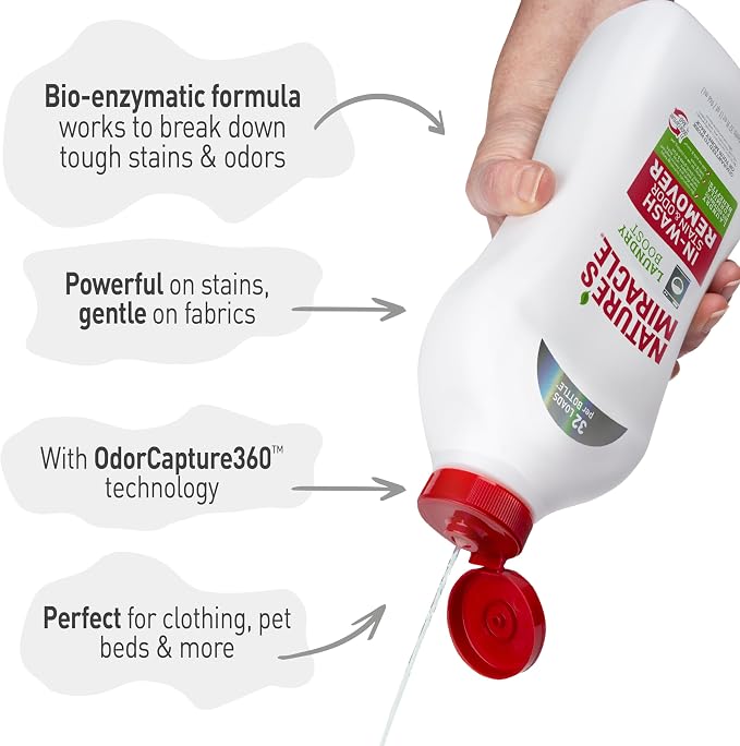 Nature's Miracle Laundry Boost In-Wash Pet Stain & Odor Remover, 32 oz | Bio-Enzymatic Formula Breaks Down Tough Stains & Odors, Gentle on Fabrics, Use With Laundry Detergent