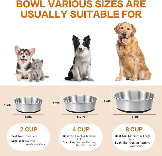 Stainless Steel Dog Bowls Set of 2, Extra Thick Metal Bowls, with Non-Slip Rubber Base Dog Bowl, BPA Free, Holds 8 Cups(59 fl oz), for Small Dogs, Black