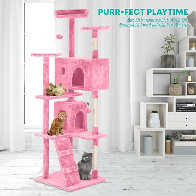 FDW | 70" Cat Tree Tower | Pink | Multi-Level Indoor Activity Center with Sisal Scratching Posts, Condos, Plush Perches, Hanging Cat Toys | Sturdy, Easy to Assemble | for Kittens & Adult Cats