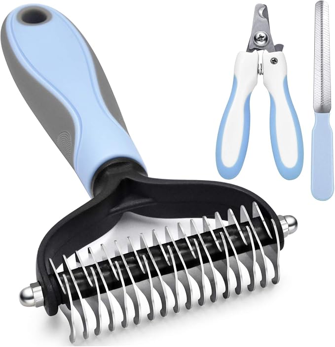Deshedding Dog Brush - Undercoat Rake for Cats & Dogs - Double Sided Brush for Shedding and Dematting Comb Grooming Tool kit - Nail Clipper & Nail File