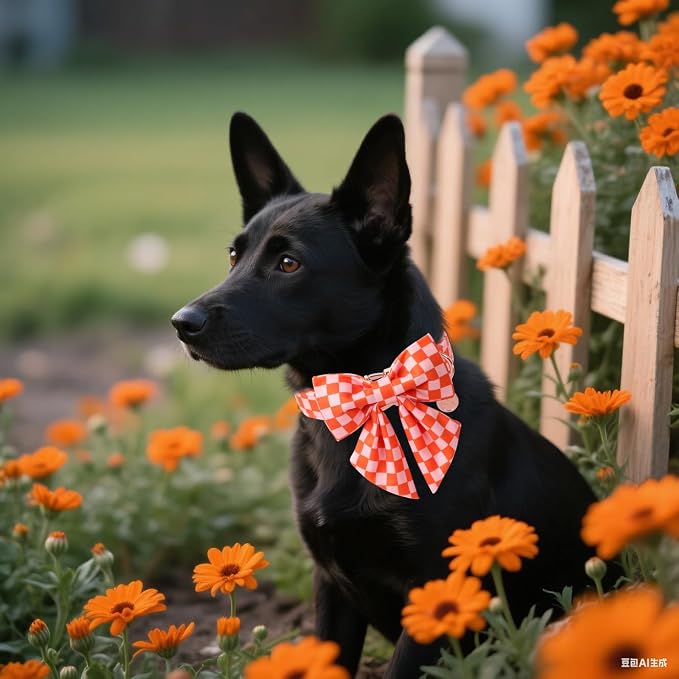 DOGWONG Orange Pink Plaid Dog Collar with Bow - Adjustable and Comfortable Autumn Dog Collar Fall Necklace for Large Medium Small Pet,L