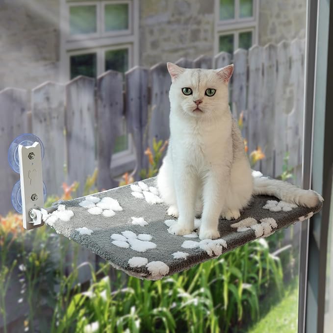 Cute Cat Window Perch, Foldable Cat Window Hammock, Grey | Cordless Window Seat Bed for Indoor Cats, 3D Textured Paw Cover, Strong Suction Cups