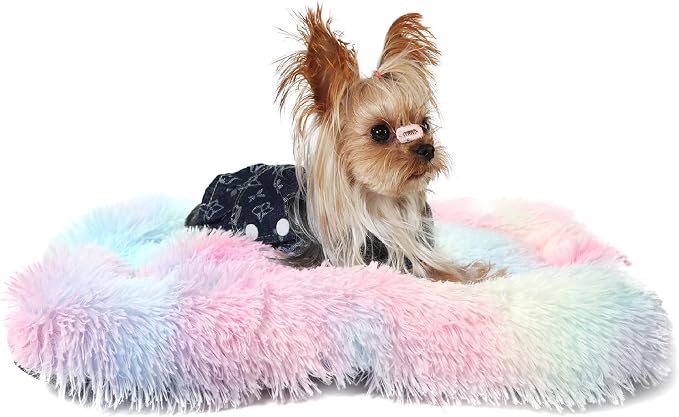 nononfish Dog Crate Bed for Small Dogs Washable Orthopedic Flat for Inside Crate Cages Kennel House Sofa Plush Comfy Sleeping, Rainbow 22"x13"