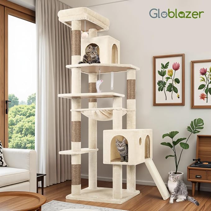 Globlazer Heavy Duty Cat Tree Tower, 70inch Sturdy Cat Tree for Indoor Cats Sturdy Large Cat Tower with Scratching Post and Scratching Board, Hammock, Cat Condo for Adult Cats Kittens, F70 Pro, Beige