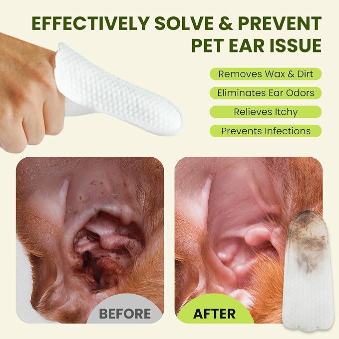 PawSono Dog Ear Wipes - 100 Count Dog Ear Cleaner Finger Wipes for Dogs & Cats, Pre-Moistened Ear Cleaning Wipes for Puppies, Kittens & Small Animals, Thick Pet Ear Wipes to Remove Wax, Dirt & Debris