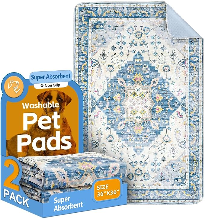 Washable Pee Pads for Dogs, 2 Pack Reusable Puppy Training Pads 36"x36" Super Absorbent Waterproof Dog Training Pads, Non-Slip Potty Pads, Whelping Pads Litter Mat Blue Medallion