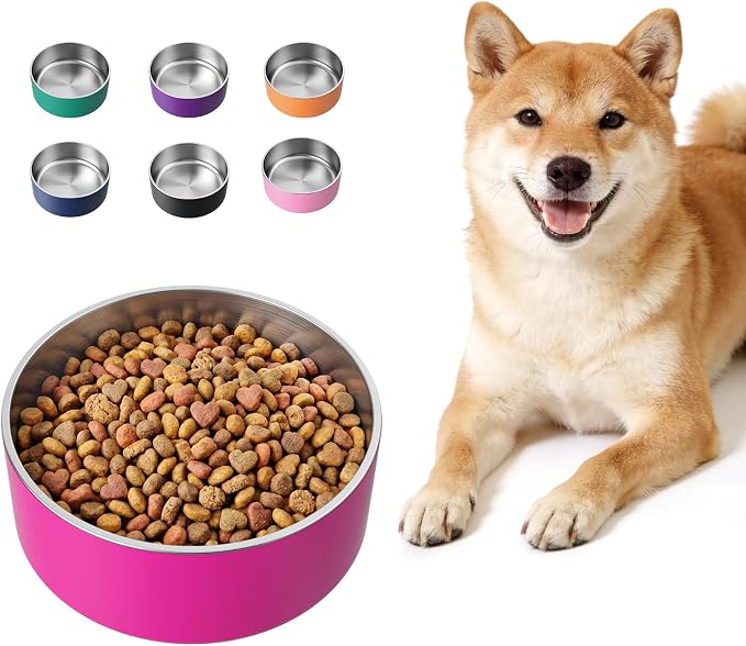 LIHONG Stainless Steel Dog Bowls for Small Medium Sized Dogs Non Slip,Insulated Dog Bowl,Pet Bowl for Food and Water,Rustproof(40oz,Pitaya Pink)