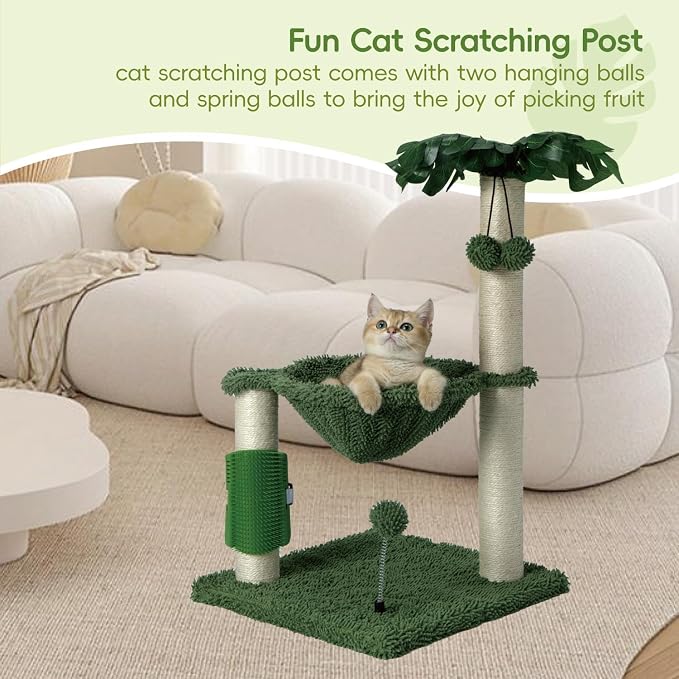 MECOOL Small Cat Tree Tower Scratching Post with Hammock for Indoor Kittens and Small Cats up to 7lb,Self-Massage Bursh Hanging Ball Toys,Monstera deliciosa Green