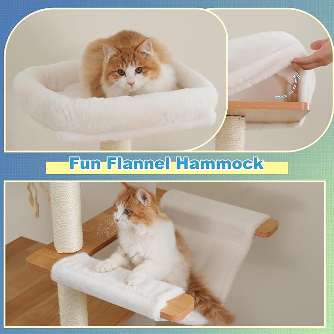 Hey-brother Wooden Cat Tree, Furniture Tower with Large Platforms, MPJ121WB | 69.7 inch, Modern Full Sisal Scratching Posts, Hammocks, Spacious Condo, Ladder, Brush, Water Proof Surface, Walnut