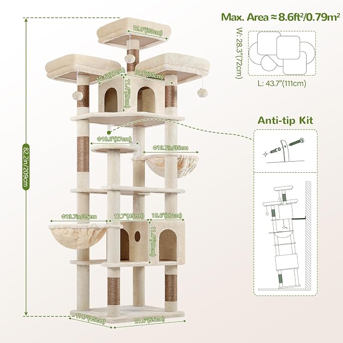 Globlazer Cat Tree Tower for Multiple Adult Cats, 82 inch, F82, Beige | XXL Tall Cat Tree Tower for Indoor Cats with Scratching Post, 3 Perches, 2 Condos, 2 Hanging Baskets