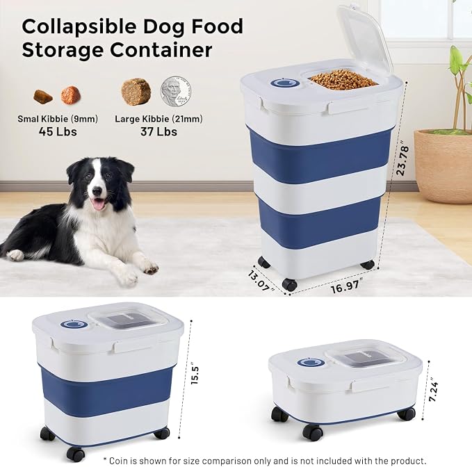 ZOMISIA 40-50lbs Dog Food Storage Container, Large Capacity Collapsible Airtight Pet Food Storage Containers with Rolling Wheels, Transparent Lid, Scoop and Date Track, Blue