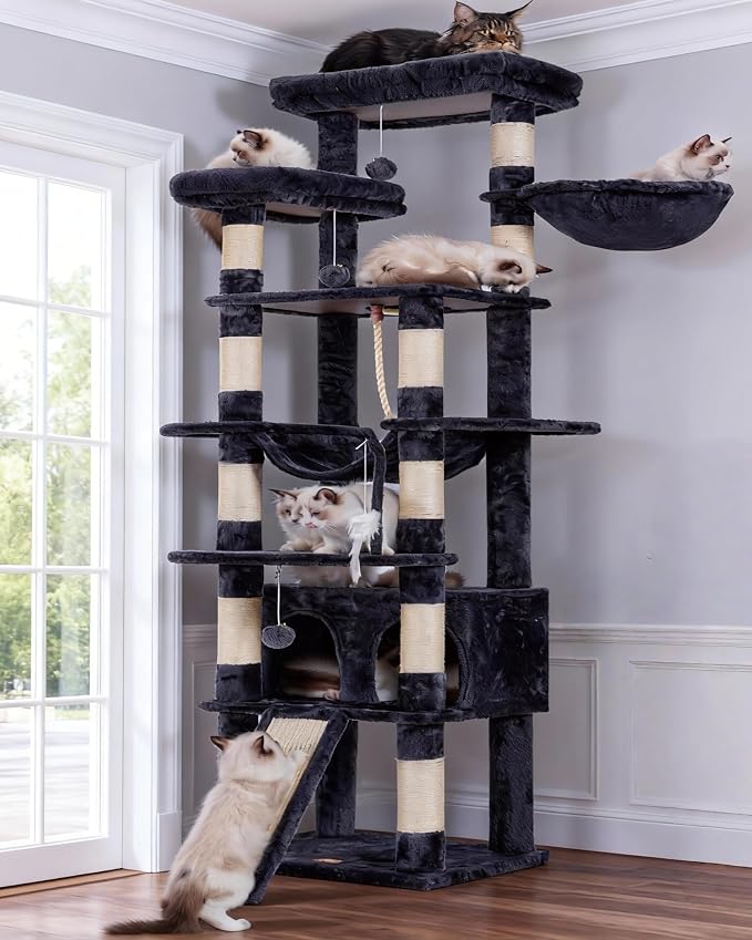 Heybly Tall Cat Tree 78-inch Multi-Level Cat Tower for Indoor Cats HCT033G | Cat Condo with 2 Widened Plush Perches, Multi-Level Cat Furniture with Scratching Board, Big Caves, Smoky Gray
