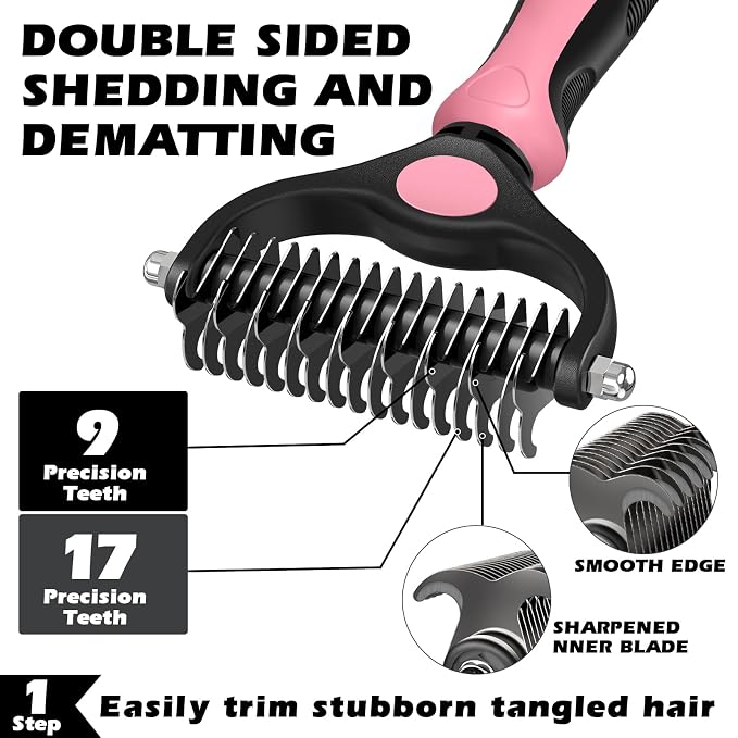 Professional 3PCS Self Cleaning Slicker Brush & Pet Grooming Rake & Flea Comb for Dogs,Cats and Horses | Double-Sided Dematting Comb & Skin Friendly Deshedding Grooming Tool (Light Pink)