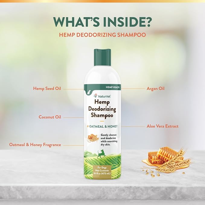 NaturVet Hemp Deodorizing Shampoo for Dogs - Plus Oatmeal & Honey – 16 oz | Gently Cleanses & Deodorizes Skin & Coat, Enhanced with Hemp Seed Oil, Coconut Oil & Aloe Vera Extract