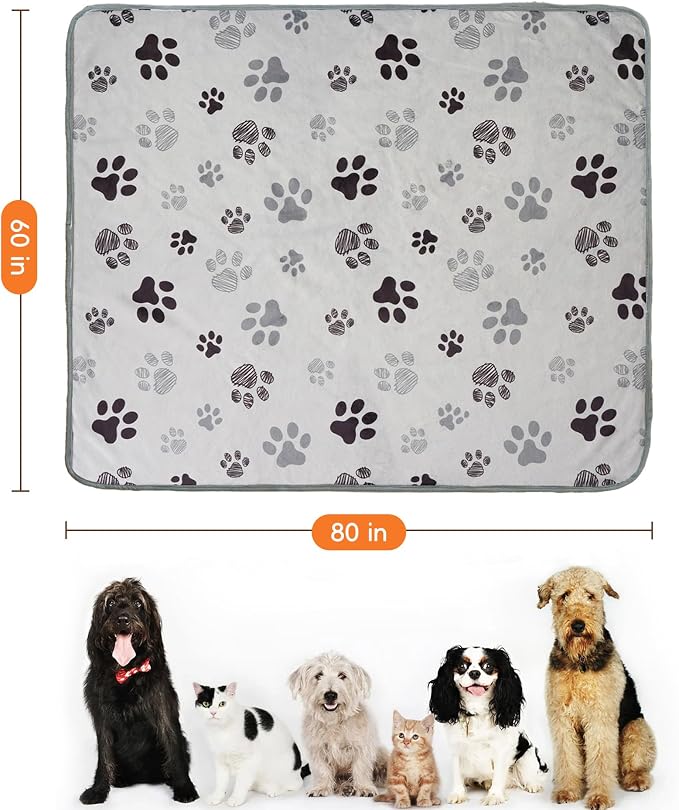 Waterproof Dog Blankets Pet Blanket 60"x80", Soft Fluffy Sofa Car Bed Protector, Reversible Sherpa Fleece Dog Blanket for Large Dogs(Light Grey-Paws)