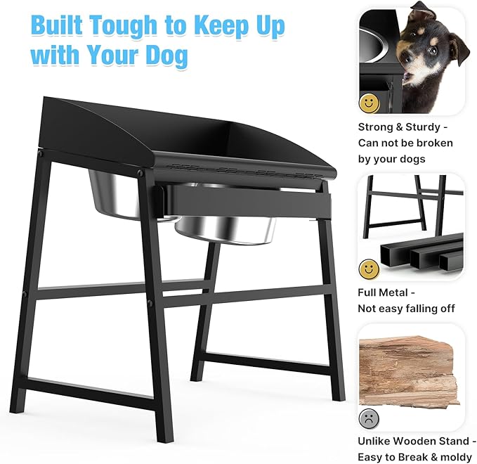 Bobbie & Laxi 15" Tilted Elevated Dog Bowl, Large Breeds Non-Spill Design | Raised Dog Bowl with Stand; Stainless Steel Food&Water Bowl Set with Splash Guard; Easy Clean for Indoor Dry-Use Areas