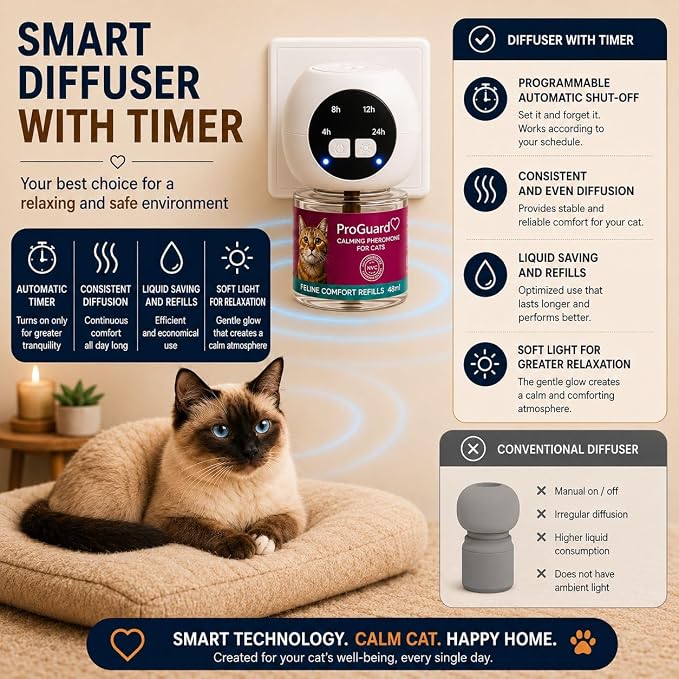 ProGuard® Cat Calming Diffuser Kit with Timer – Advanced Support to Reduce Stress, Spraying, Scratching, Fighting and Hiding – Cat Pheromone Diffuser 9-in-1 with 3 Diffusers with Timer + 6 Refills