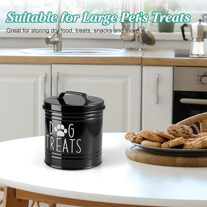 OUTNILI Large Dog Treat Container Airtight - 6.6" Tall X 6" Round Black Dog Treat Jar for Kitchen Counter - Rustic Treat Storage Canister for Dogs, Cats, Small Animals