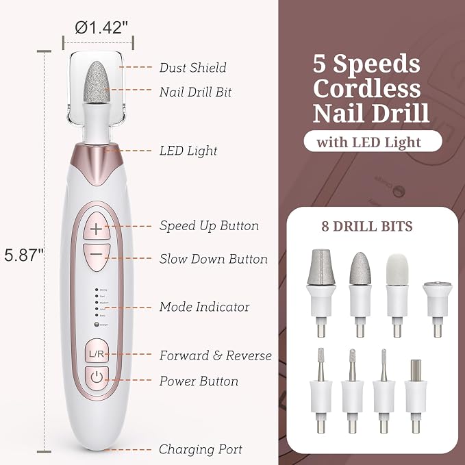 PELCAS Electric Nail File, 5 Speeds Nail Grinder for Thick Toenails | 5 Speeds Manicure and Pedicure Kit with LED Light, Electric Nail File for Human,Seniors,Thick Toenails,Natural, Acrylic Nails