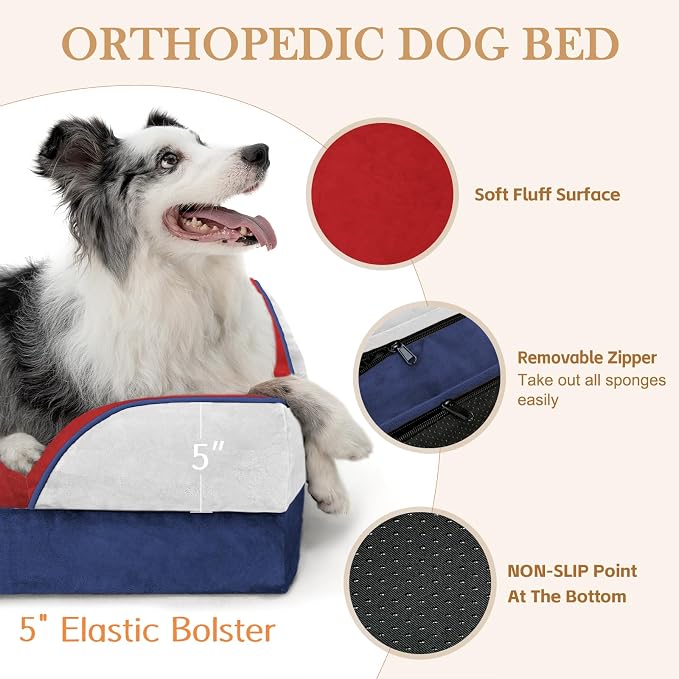 Comfort Expression Orthopedic Dog Bed for Extra Large Dogs with Bolster | Waterproof Dog Couch Bed with Washable Cover & Non-Slip Bottom, Supportive Egg Crate Foam XL Pet Bed, 42x30 Inch
