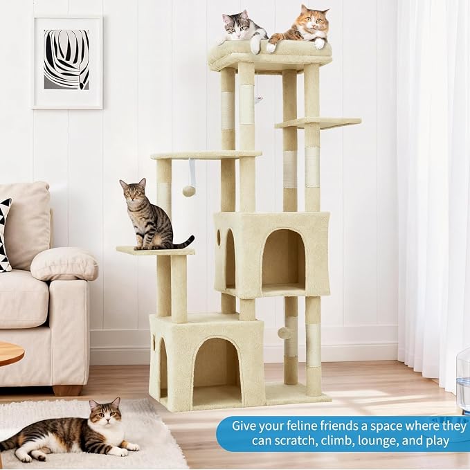 61" Large Cat Tree Tower for Indoor Cats, Heavy-Duty Multi-Level Cat Condo for Maine Coon & Big Cats with Extra-Large Perch, 2 Spacious Houses, Sisal Scratching Posts & Hanging Toys - Beige