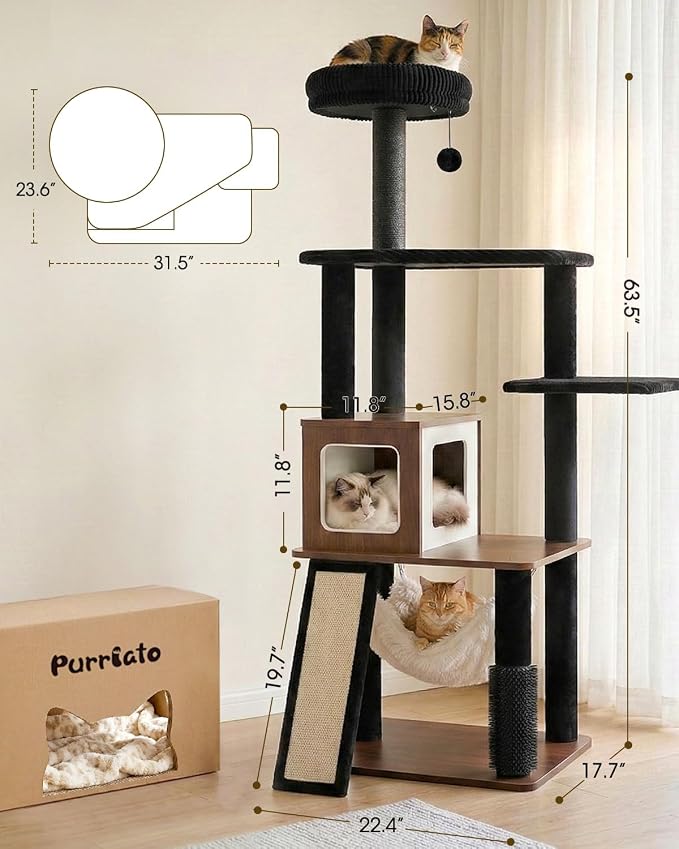 61" Modern Cat Tree, Tall Cat Tower with Self-Grooming Brush | Removable Washable Cushion, Pyramid Anti-Tip Base, Cat Furniture, Cozy Cat Condo, Sisal Scratching Post, Multi-Cat Household