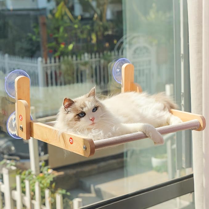 Cat Window Perch, Foldable Cat Hammock with Breathable Mesh Cover | Solid pine frame, four suction cups and removable washable mesh cover; no-drill setup, 20.47 x 14.96 in resting area.