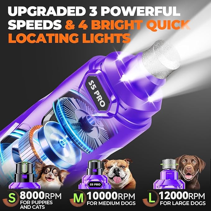 Whisper Quiet Dog Nail Grinder Safe & Stress-Free for Sensitive Dogs Cats | 4 LED Lights,3 Grinding Bits, 3-Speed, Pet Nail Trimmers, Rechargeable Painless Grooming Kit for All Breeds & Sizes