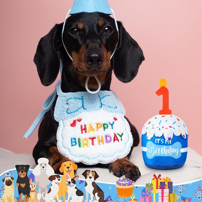 Dansydaisy Dog Birthday Cake Toy Squeaky Plush Toy for Girl Boy Gifts, Chew Accessories for Dog Birthday Party Decor Favor for Large, Medium and Small Dogs(1st,Blue)