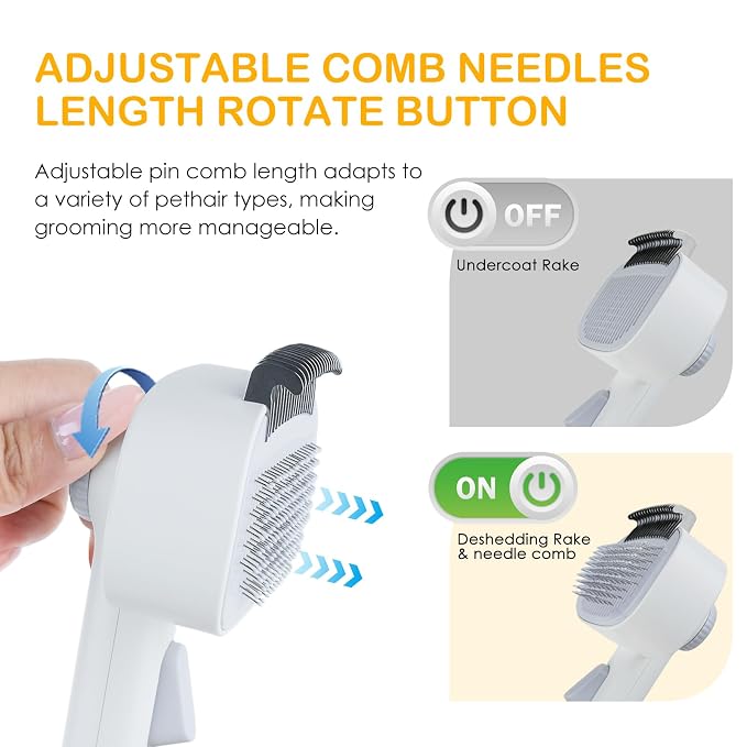 2-IN-1 Pet Self-Deshedding and Grooming Brush for Dogs and Cats | Pet Brush with Undercoat Rake & Adjustable Bristle Length Comb, One-Click Hair Removal for Matted Fur Tangles Long Short Hair