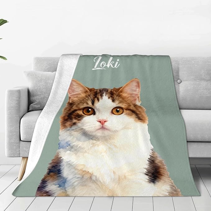 Custom Gifts for Cat Dad Mom Personalized Fleece Throw Blanket with Pet Portrait Picture & Name Cute Cozy Soft Warm Unique Gifts for Pets Lover (Watercolor Style)