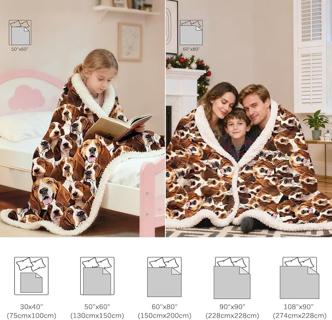BlessLiving Bassett Hound Brown Throw Blanket with Dense Dog Patterns Sherpa Fleece Blanket Couch Bed, Soft Cozy Warm Pet Blankets for Puppy Lovers Cute Animal Print Gift 60x80 Inches
