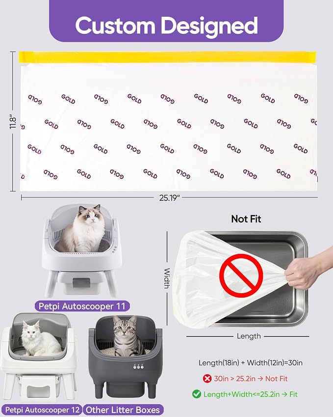 180 Count Automatic Cat Litter Box Bags for Pet Pivot AutoScooper 11/12 Open-Top Self-Cleaning Cat Litter Box, Heavy Duty Leak-Proof, Drawstring Design, Unscented, 25.19” x 11.8”