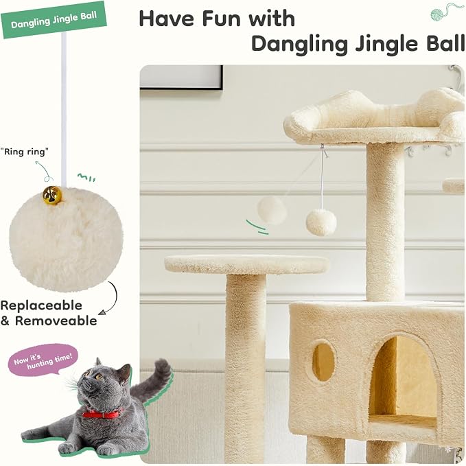 DUMOS 54 Inch Cat Tree Tower with Scratching Posts | Indoor Multi-Level Pet House for Large Cats with 2 Condos, Round Platform, Small Ladder and Toys, Beige