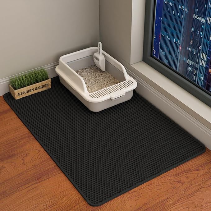 HCY&WLD Cat Litter Mat, Double Layer Cat Litter Box Mat (35x24 Inch, Black) | Waterproof Urine-Proof Non-Slip Litter Trapping Mat, Soft on Kitty Paws, Scratch-Resistant, Scatter Control, Easy to Clean