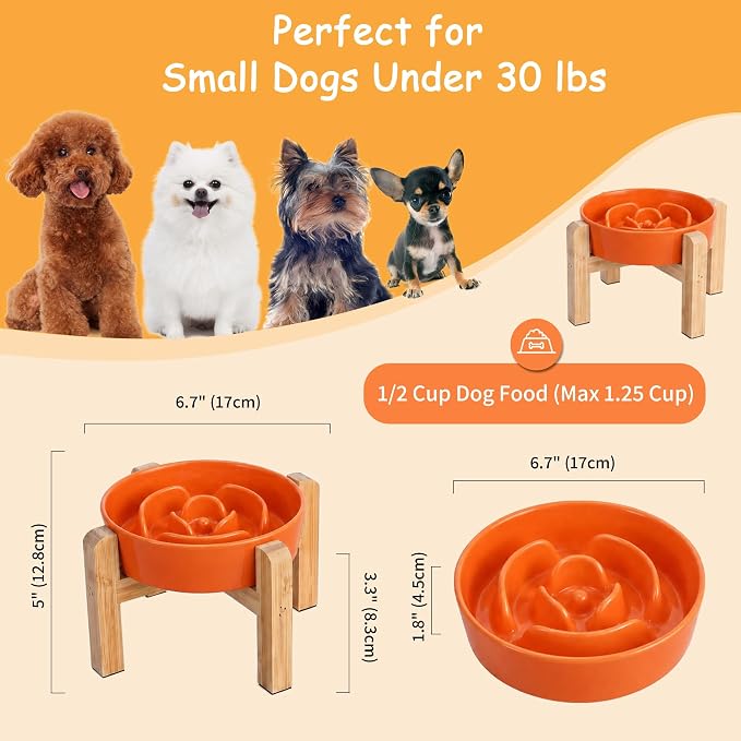 Elevated Slow Feeder Dog Bowl - Ceramic Maze Food Dish with Bamboo Stand - Raised Feeding Bowl for Fast Eaters - Ideal for Small and Medium Dogs - Orange - 6.7 inch