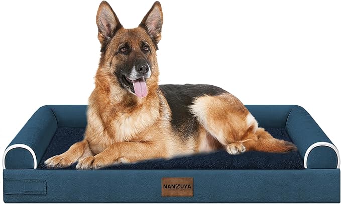 NANUYA Orthopedic Dog Bed for Jumbo Dogs, 48 x 33 Inch, Navy Blue | Egg crate foam for joint support, 3-sided bolster pet sofa, waterproof lining, washable cover, and non-skid base