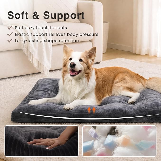 KSIIA Washable Dog Crate Bed Kennel Mat for Large Dogs,41 x 27 Inch, Gray | 3in thick soft PP filling,Elastic rebound,300gsm shed-proof flannel,Soft skin-friendly,Anti-slip bottom,Machine washable